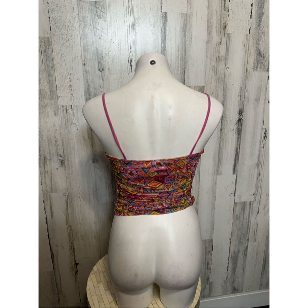 Pink Multicolor Lace-Up Ruched Crop Top - Picture 3 of 6